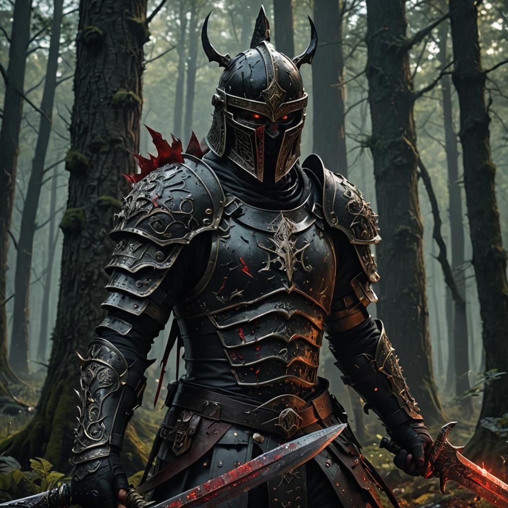 Sinister Warrior in Dark Forest, Dark Fantasy Art