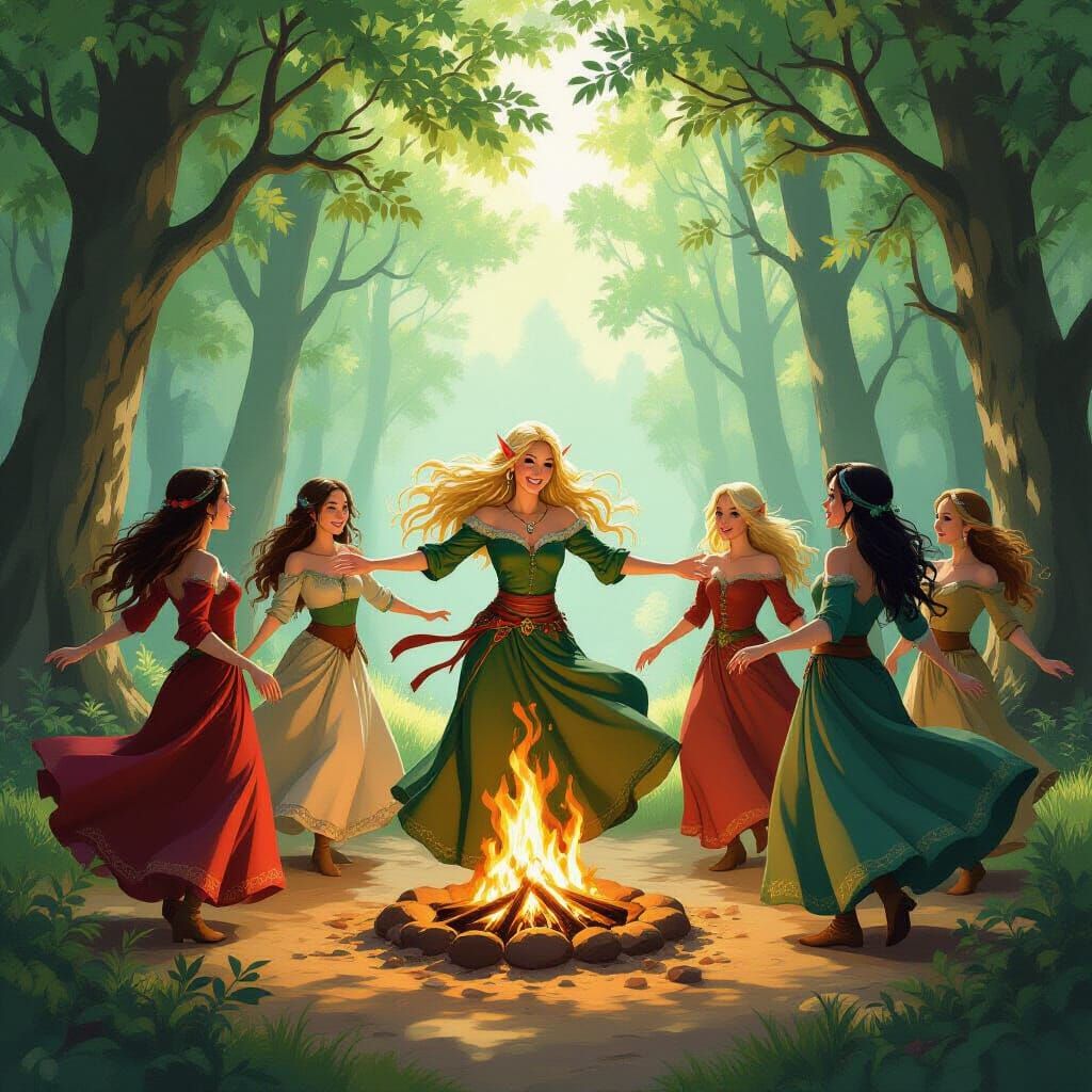 Elf Ladies Dancing Joyfully Around Forest Fire