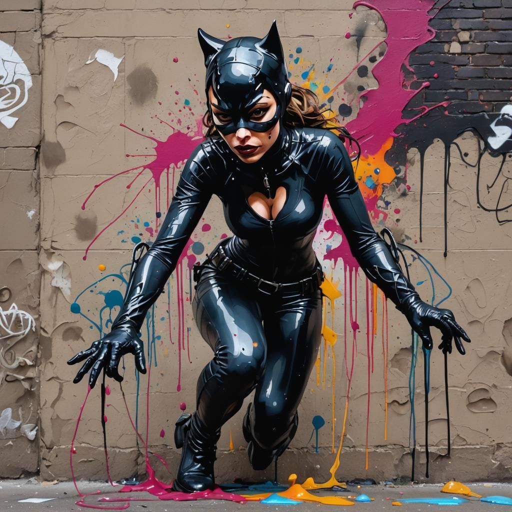Catwoman Graffiti Art in Polychromatic Splash Style