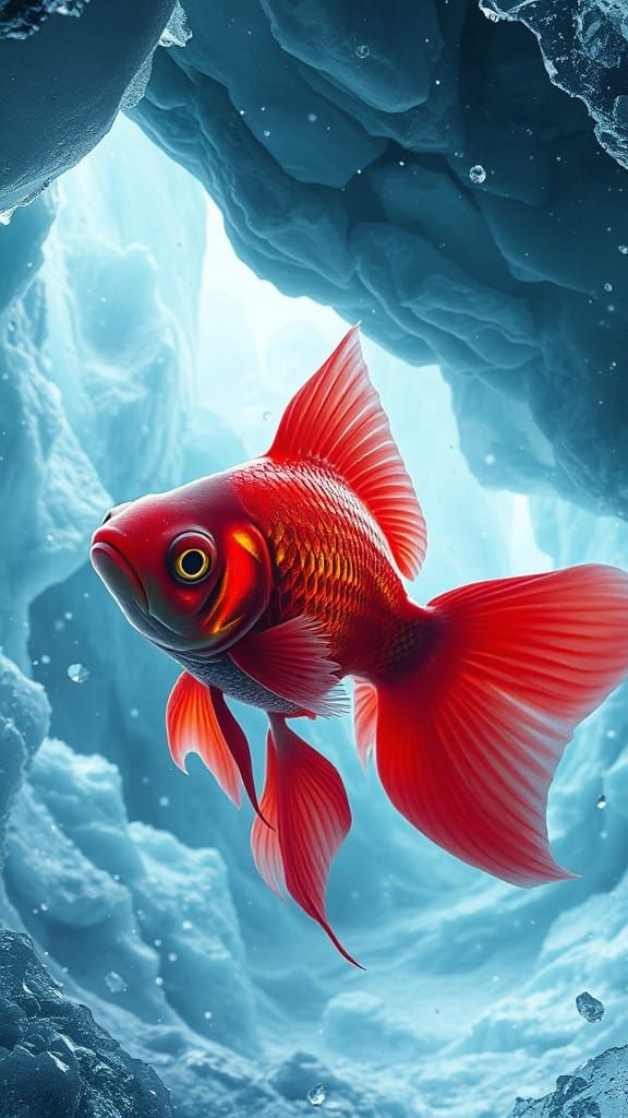 Glacial Ruby Goldfish in Frozen Cavern
