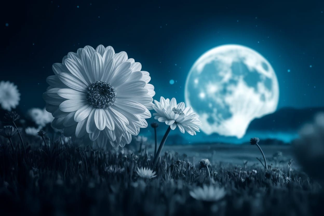 Moonlit Blooms in Hyperrealistic Night Sky