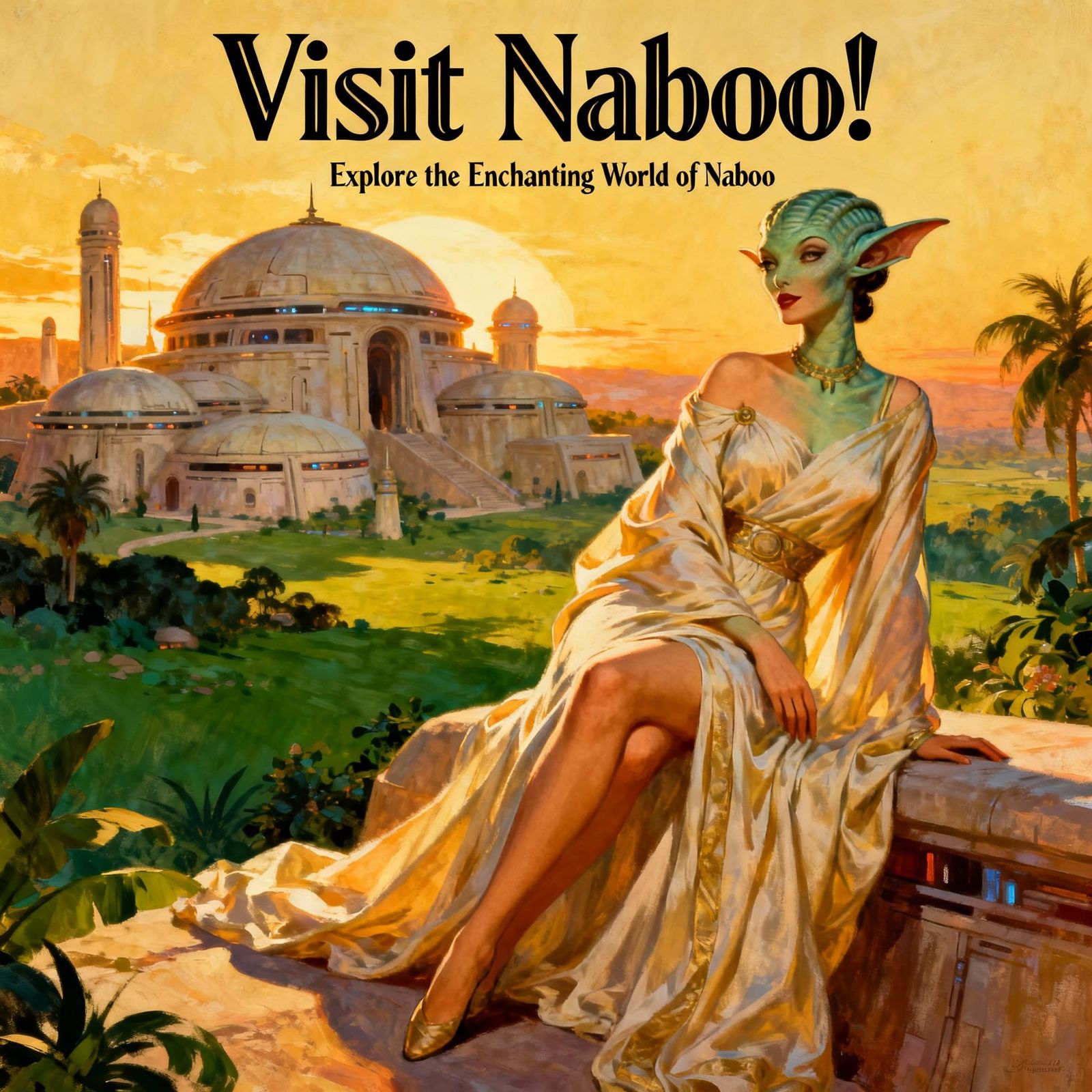 Naboo Travel Poster: 1940s Pin-Up Style Alien Beauty