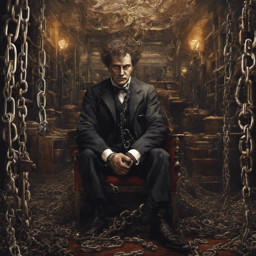 Houdini Struggles Against Chains in Detailed Digital Art