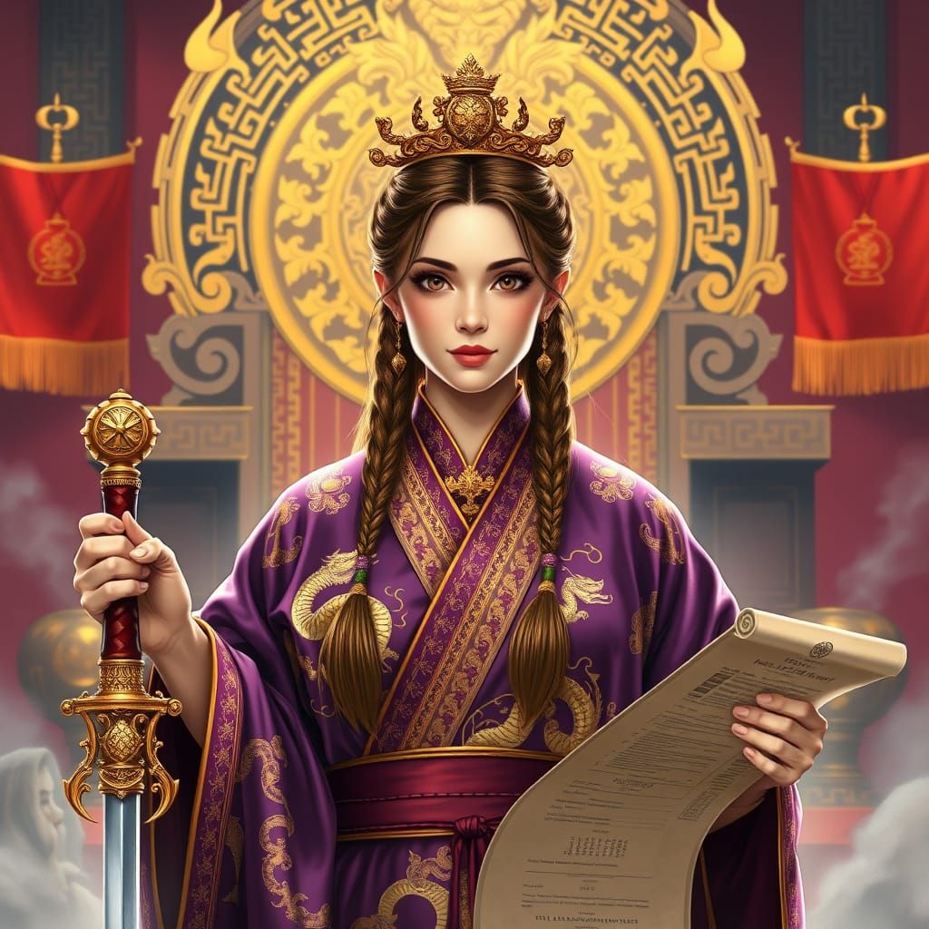 Imperial Woman with Braided Hair in Alphonse Mucha Style