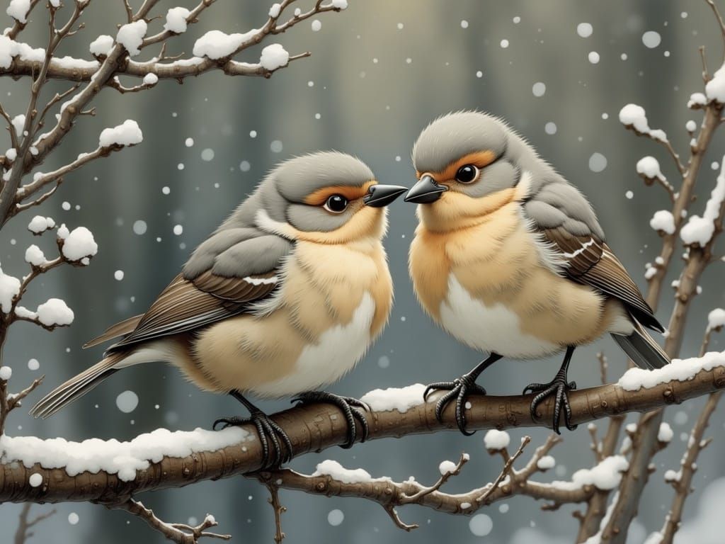 Birds Snuggling in Winter Snowfall: Whimsical Folk Art