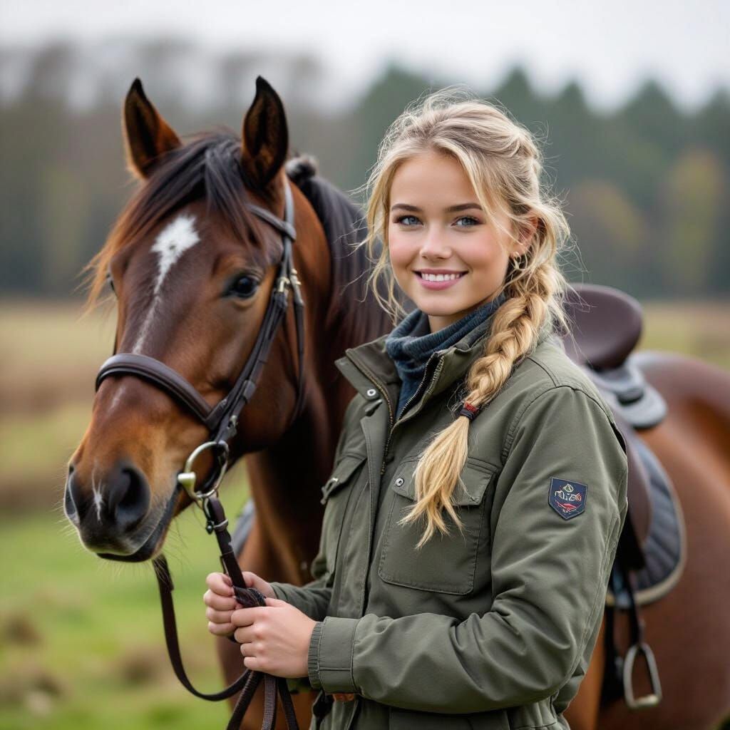Girl with Horse in Field, Digital Art Style