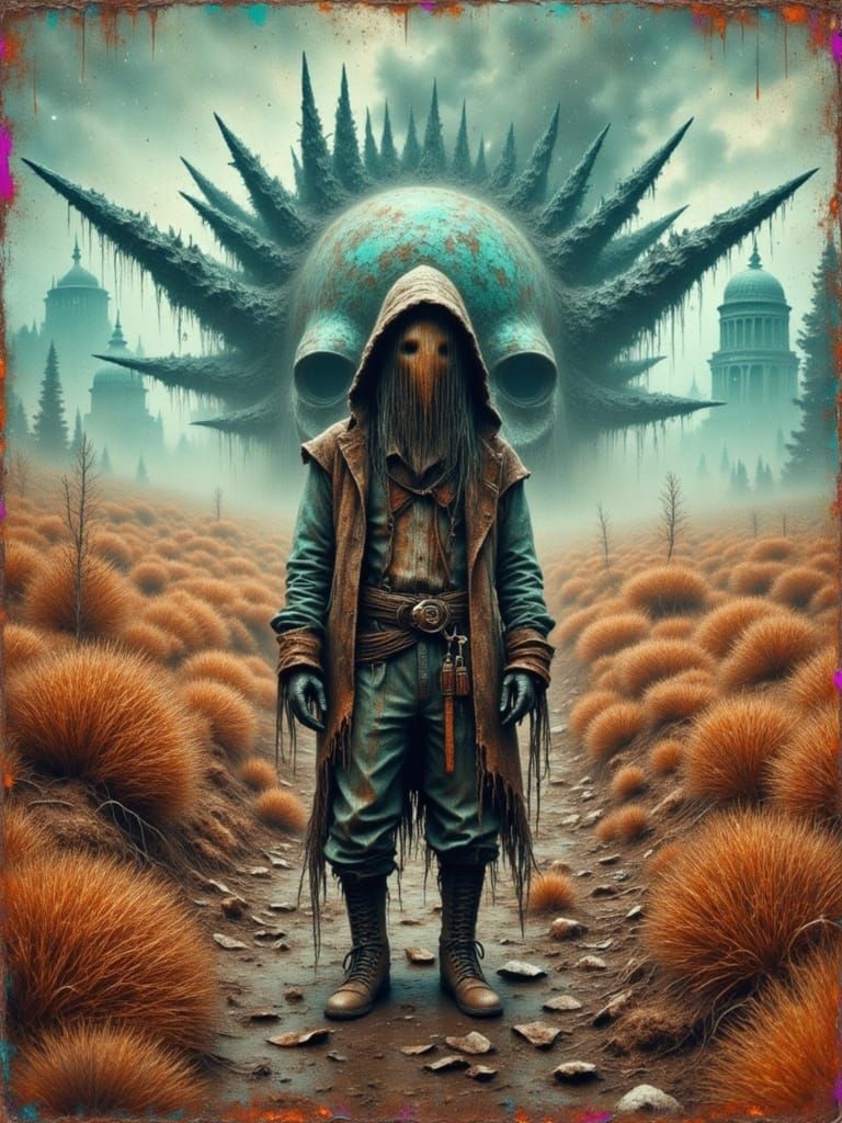 Desert Wanderer in Surreal Seapunk Technozen Landscape