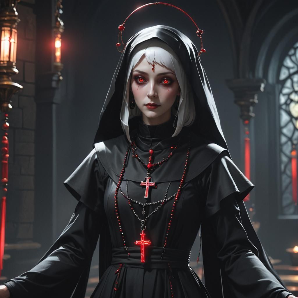 A Dark Nun with a red rosary necklace