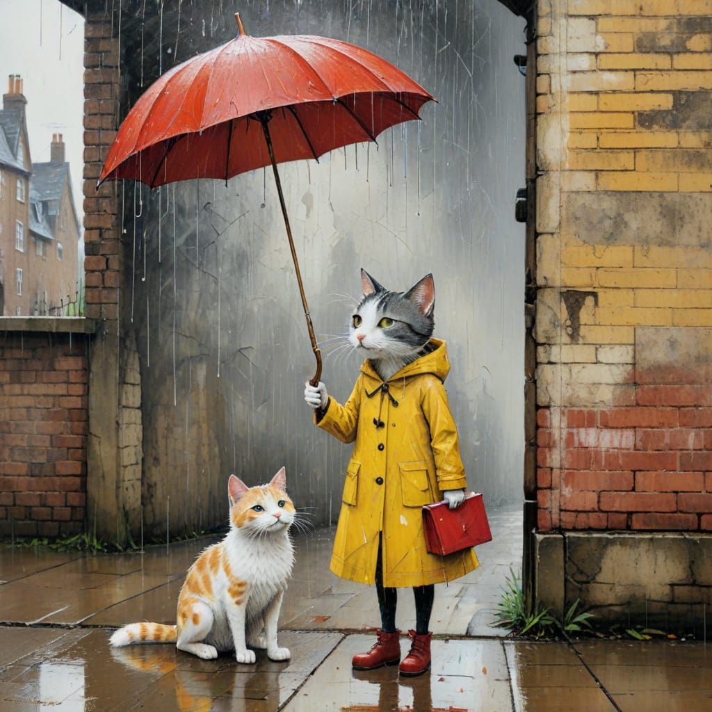 A Whimsical Girl and Her Feline Friend in the Rain