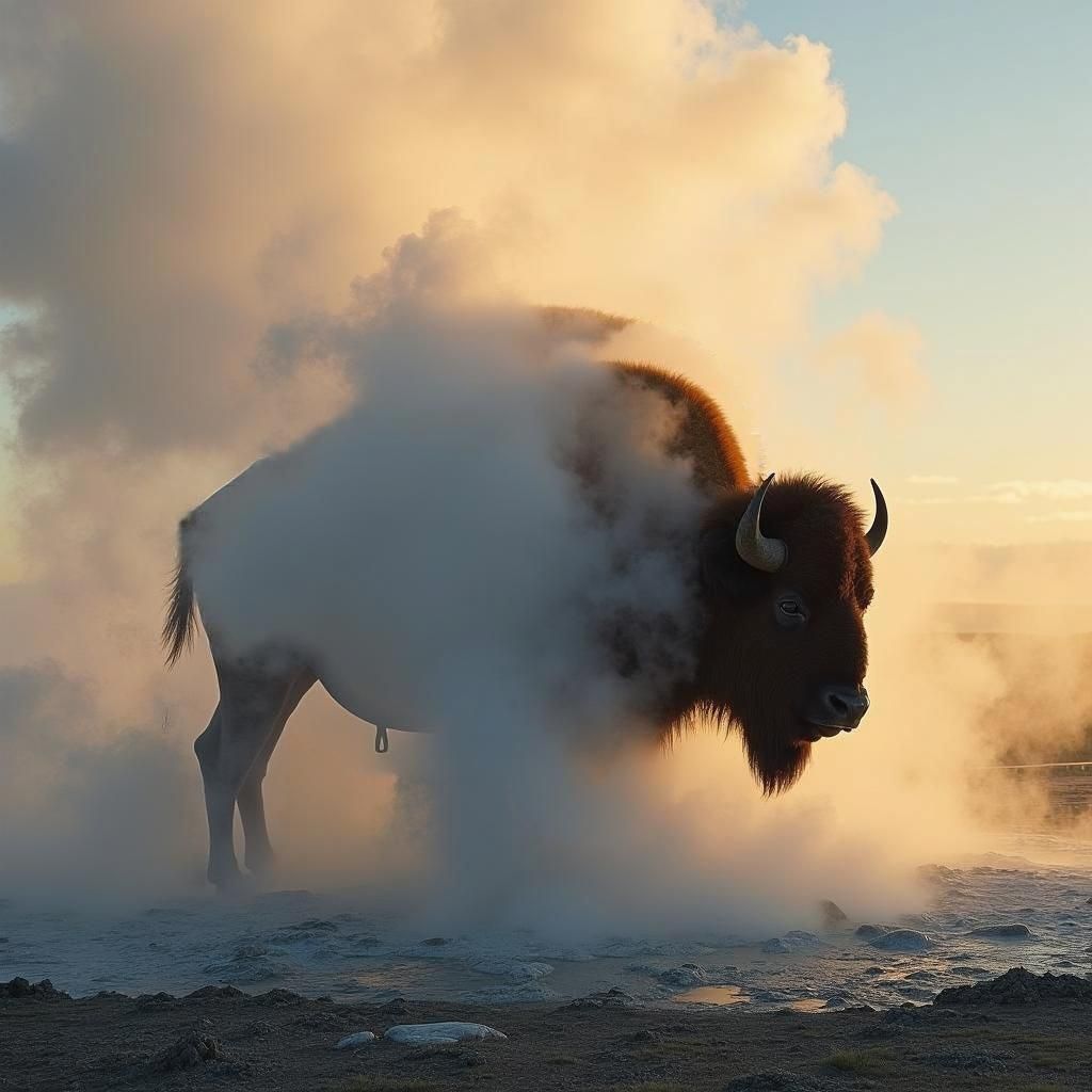 Old Faithful Geyser Eruption with Bison Head