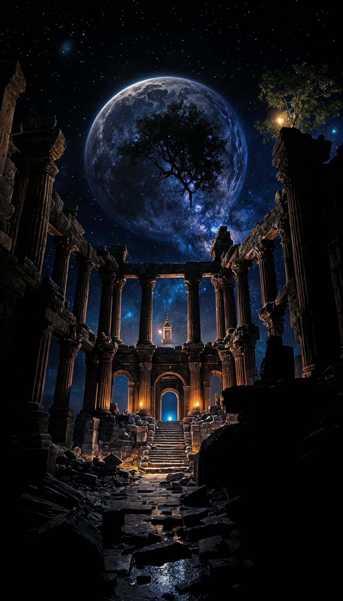 Ancient Temple Ruins Under Magical Night Sky