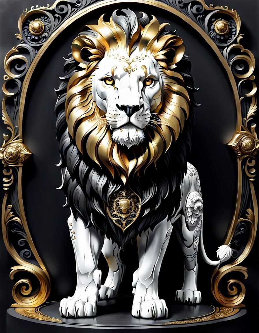 Anthropomorphic Lion in Black, White, and Gold