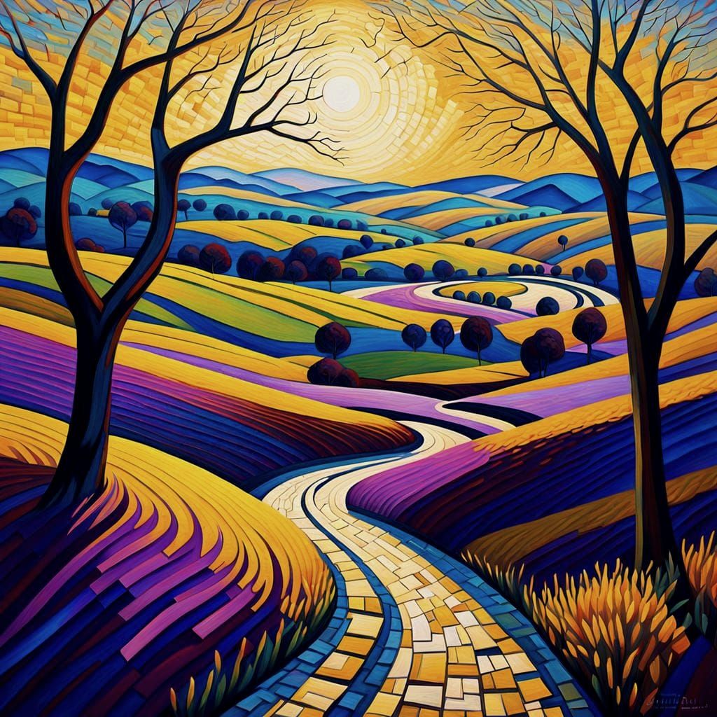 Expansive Landscape Crochet: Neo-Impressionist Digital Art