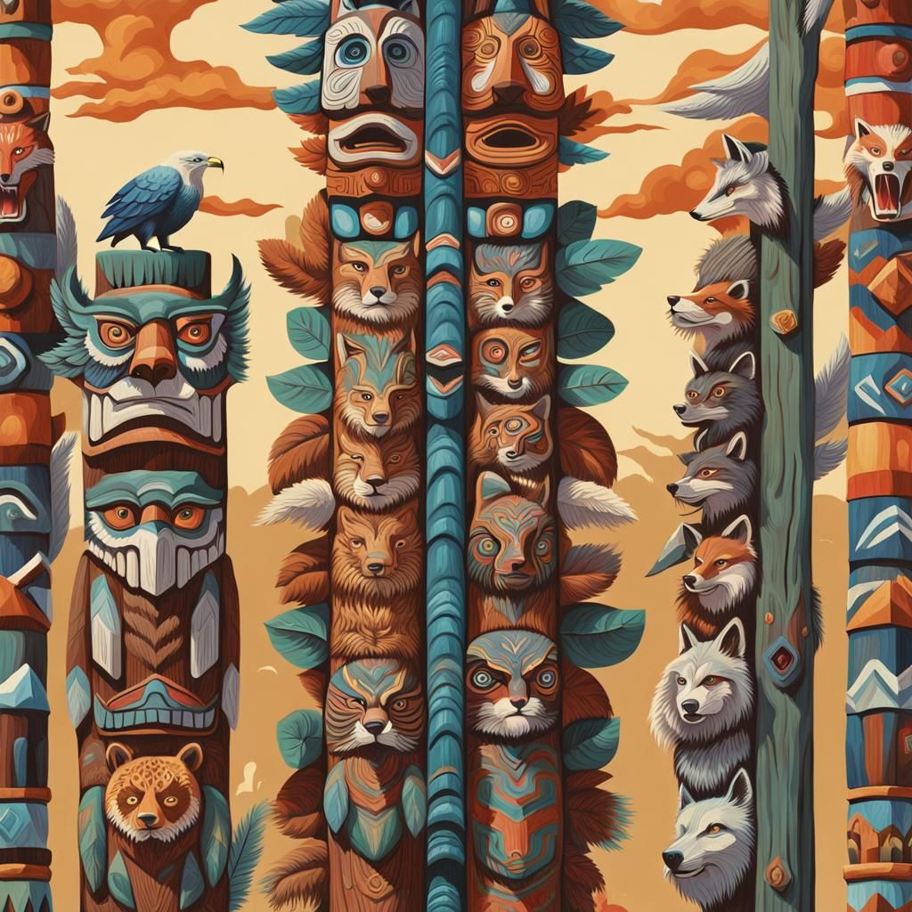 Giant Totem Pole: Detailed Gouache Painting