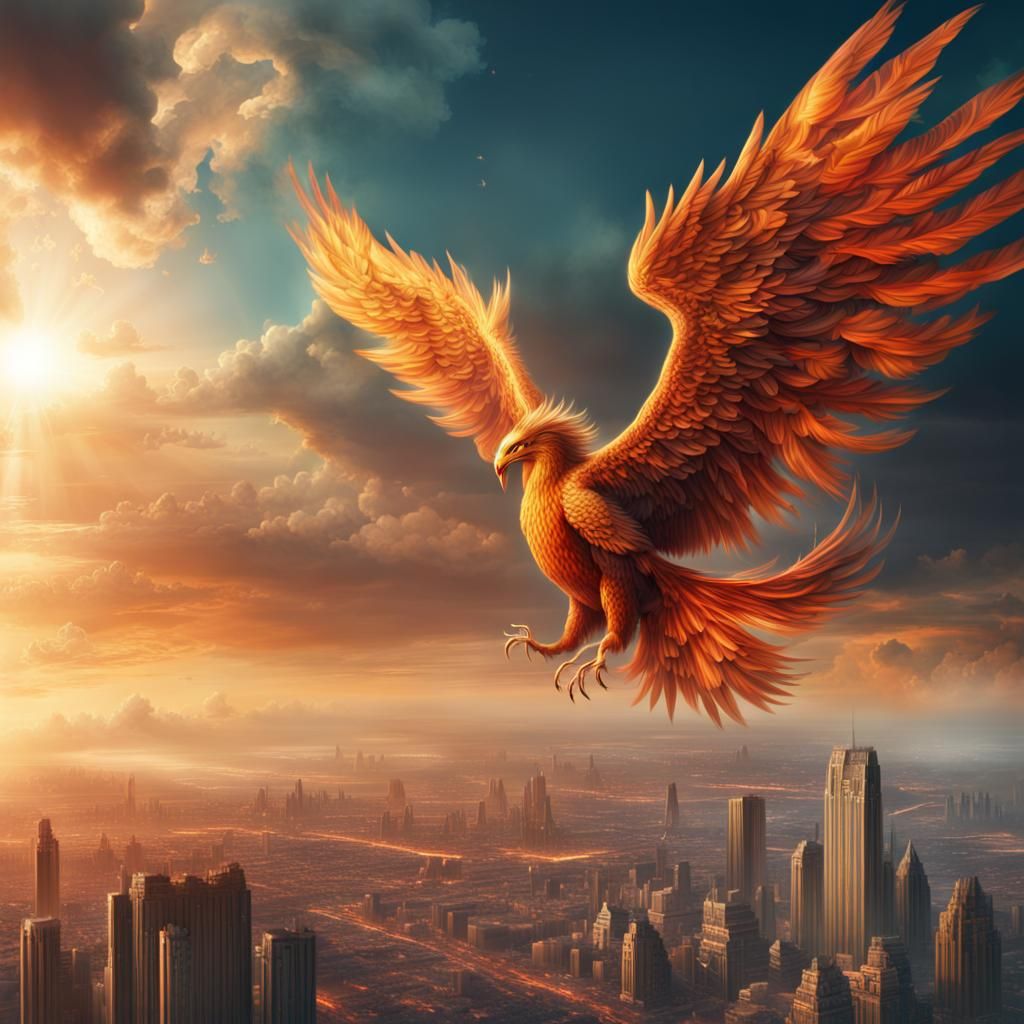 Phoenix Ascends in Utopian Sky: Digital Matte Painting