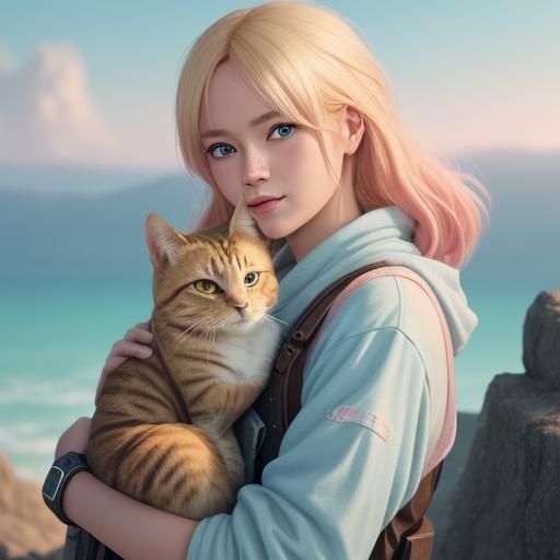 Cute Anime Girl with Cat in Vibrant Digital Art