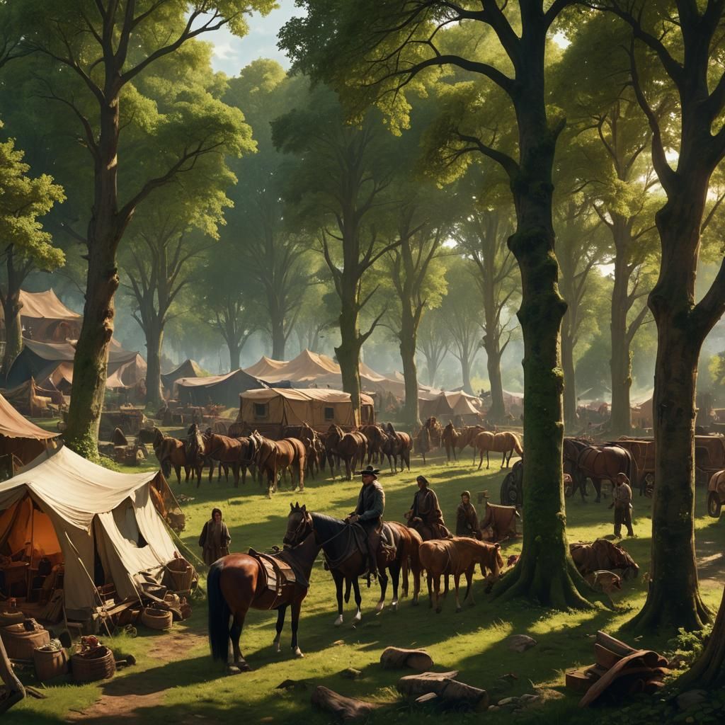 Romany Families Encampment in Lush Countryside