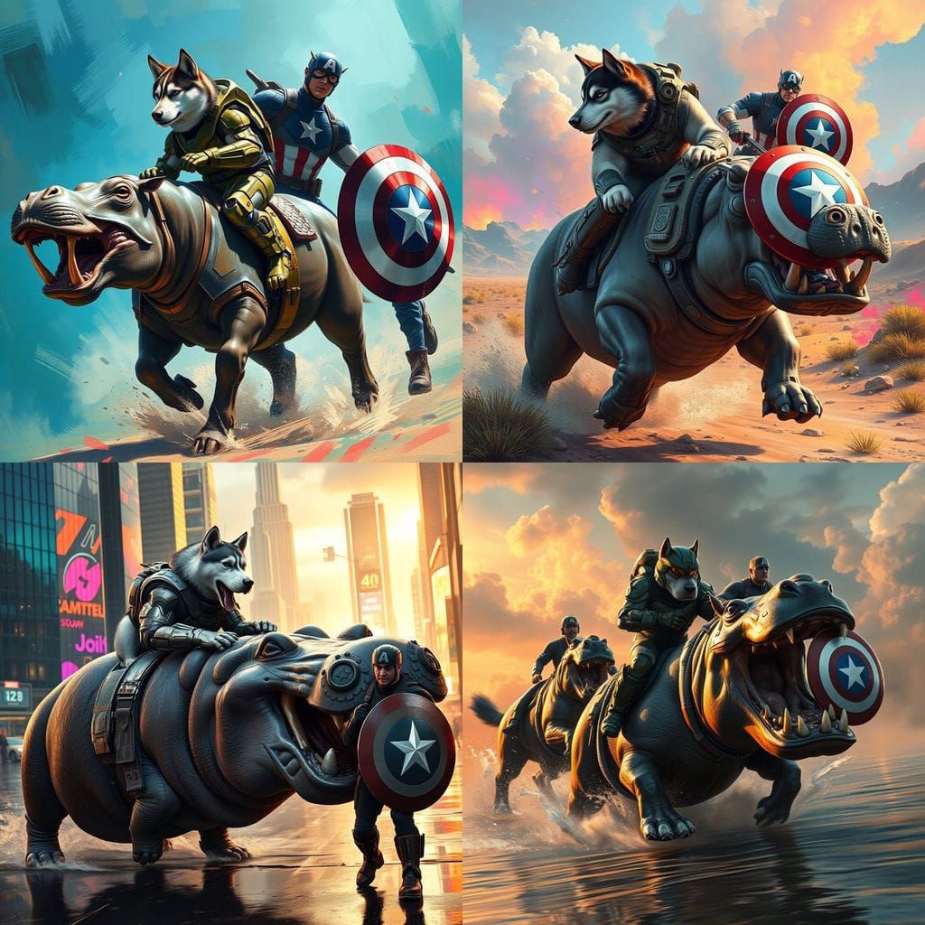 Husky Dog as Master Chief Charges Captain America on Hippo