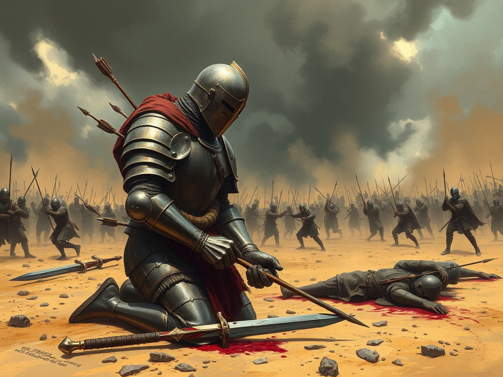 Wounded Knight Kneeling on Battlefield in Dark Fantasy Style