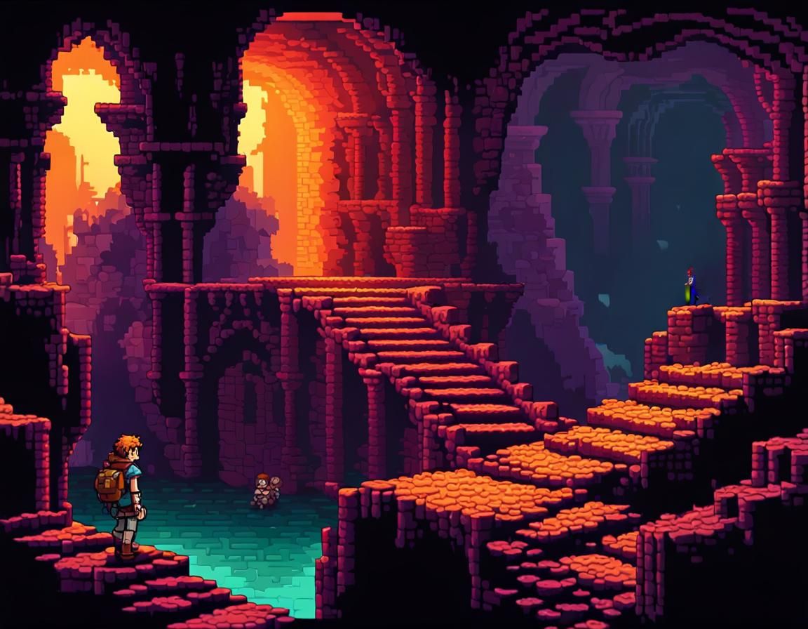 Brave Adventurer in Catacombs: Detailed Pixel Art