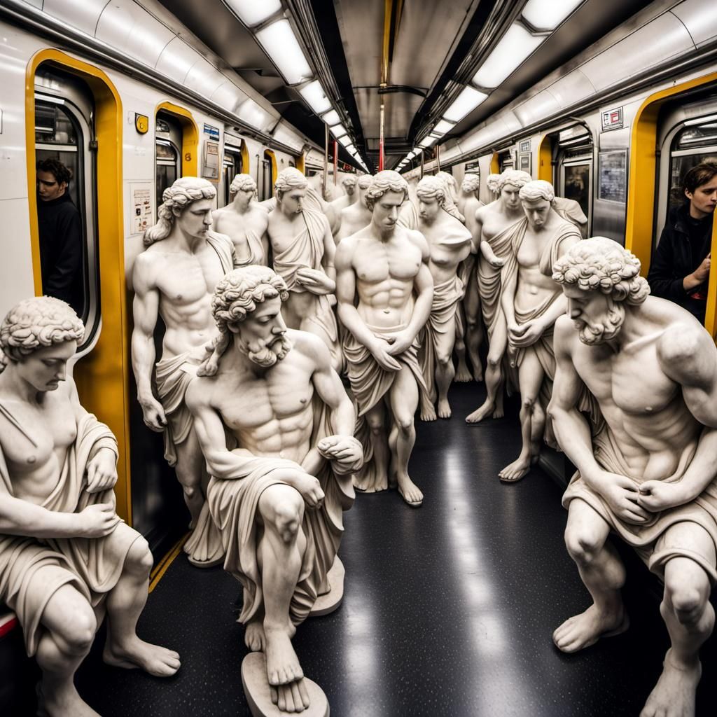 Greek Marble Statues Commuting on Subway Train