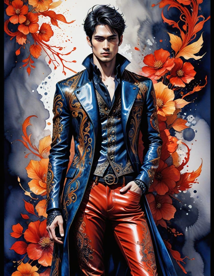 Elegant Male Model in Leather: Watercolor Fashion Illustrati...