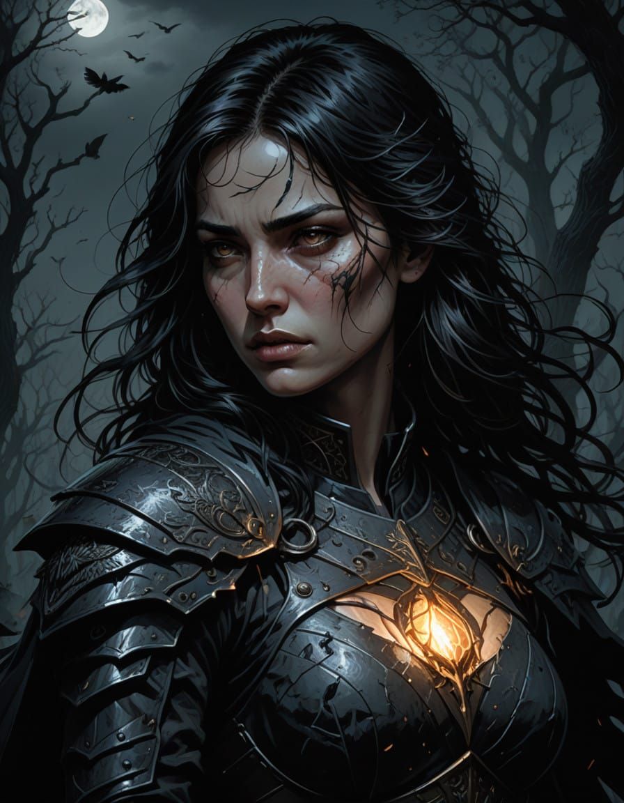 Battle-Scarred Warrior Woman in Dark Armor