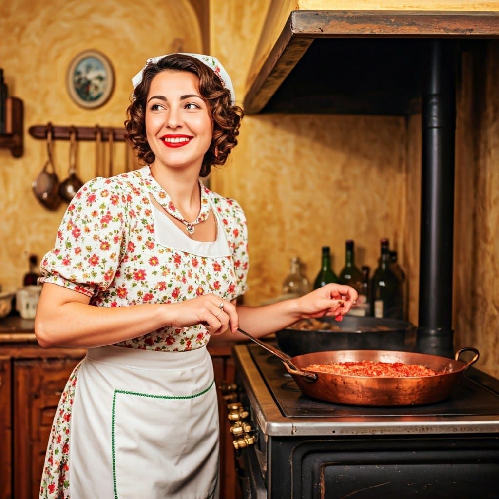 Italian Woman Cooking in Rustic Kitchen, Chirico Style
