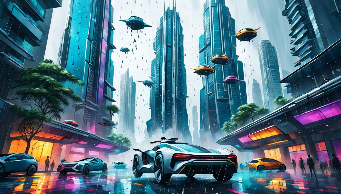 Futuristic Cityscape with Flying Cars, Hyperrealistic Concep...