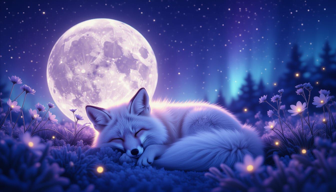 Crystal Fox Under Cosmic Moonscape, Hyper-Realistic Photogra...