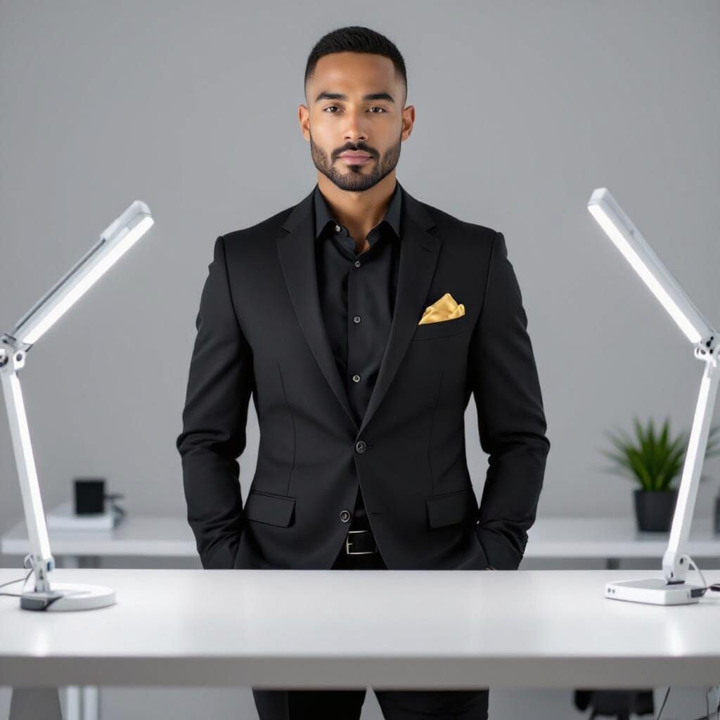 Confident Man in Modern Workspace, High-End Tech Aesthetic