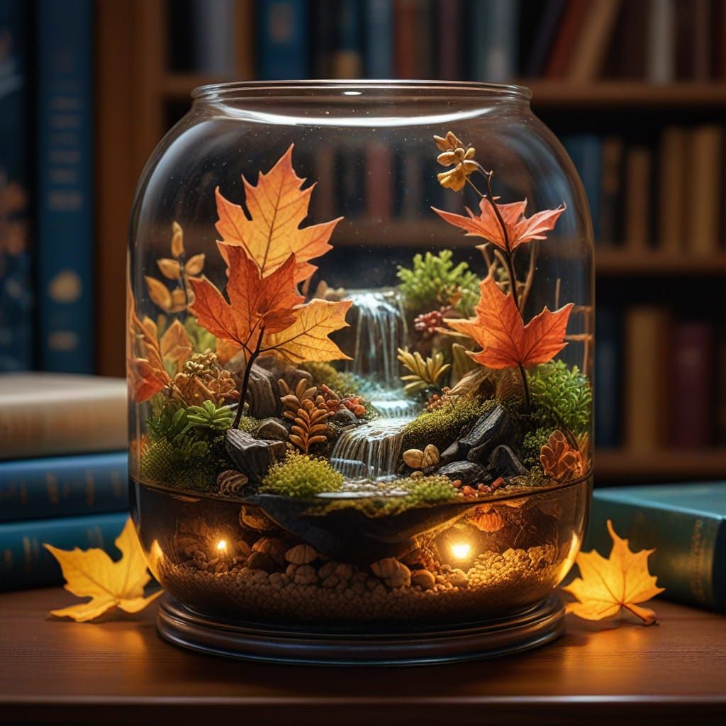 Macro Terrarium with Hidden Waterfall and Glowing Autumn Lea...