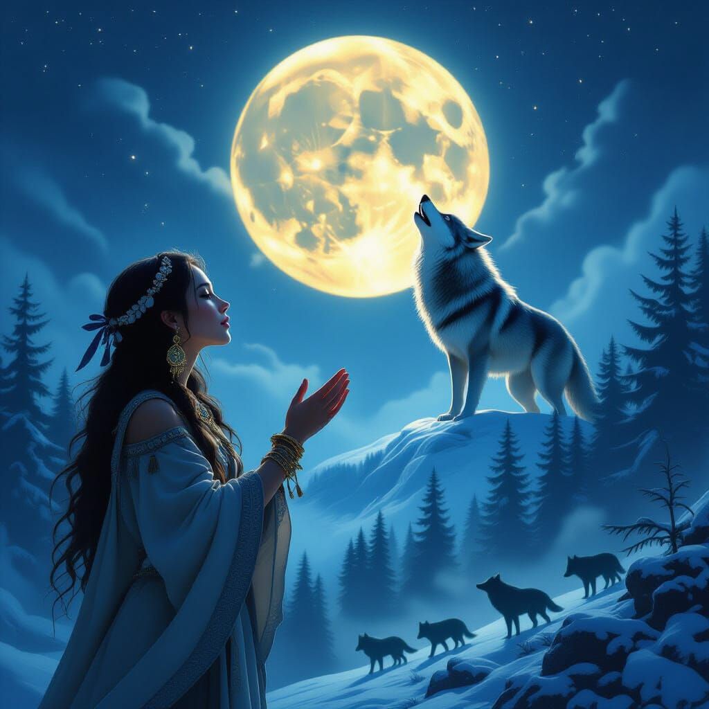 Mystical Fantasy Art: Woman Worships Moonlit Wolf
