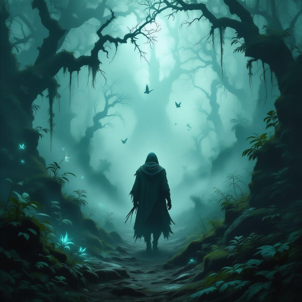 Mysterious Wanderer in Bioluminescent Forest