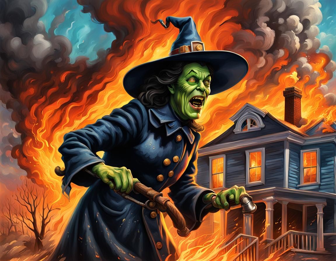 Wicked Witch as NYC Firefighter in Hyperrealistic Splash Art