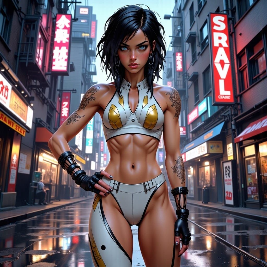 Futuristic Anime Woman in Cyberpunk Cityscape