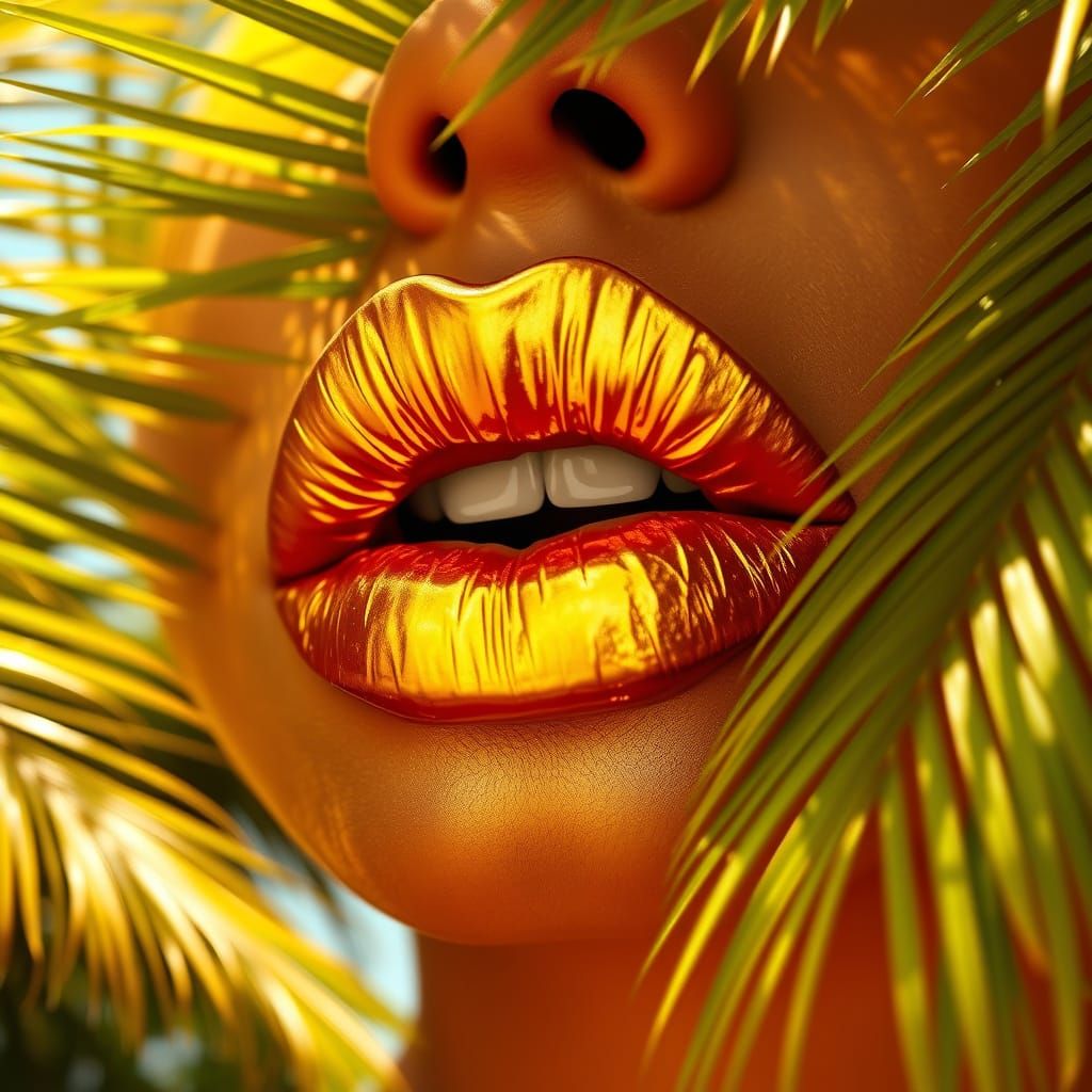 Luxurious Gold Lips Amidst Tropical Palm Trees