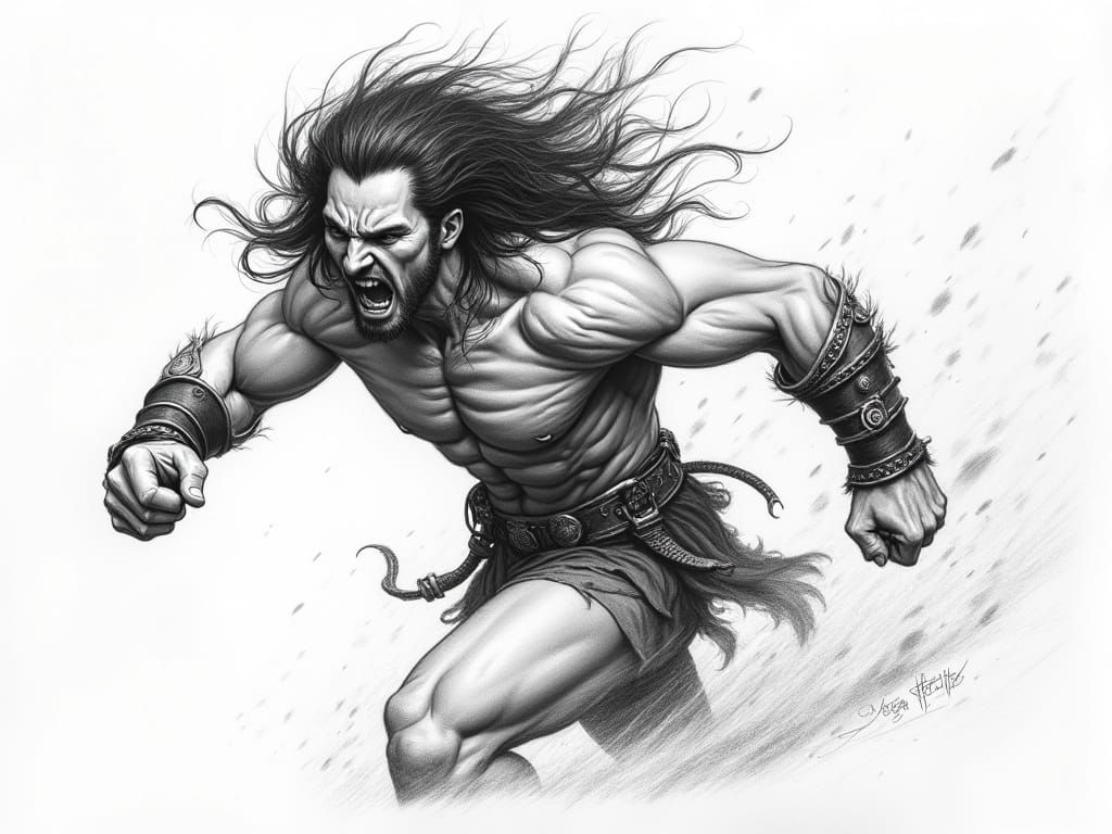 Medieval Fantasy Barbarian Charging in a Cinematic Black and...
