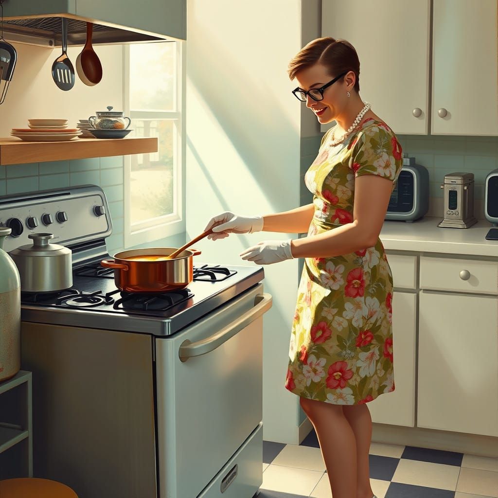 1950s Housewife in Heels Cooks Dinner in Vintage Kitchen