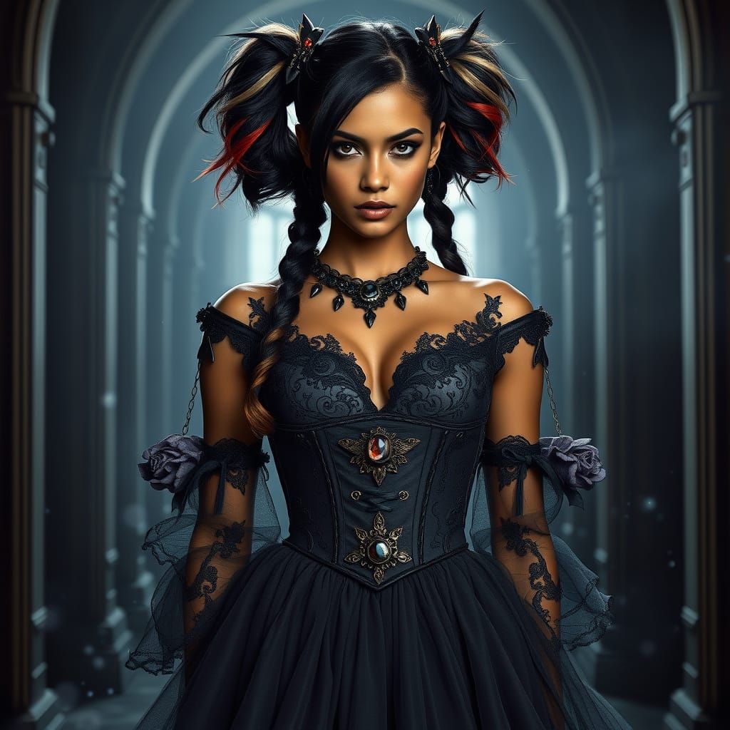 Ethereal Gothic Woman in Ornate Chamber