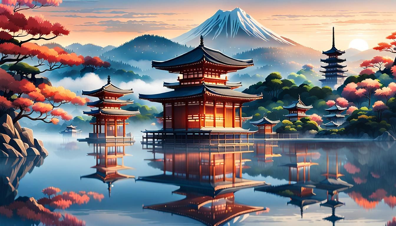 Serene Mountain Temples Reflected in Lake: Woodblock Style