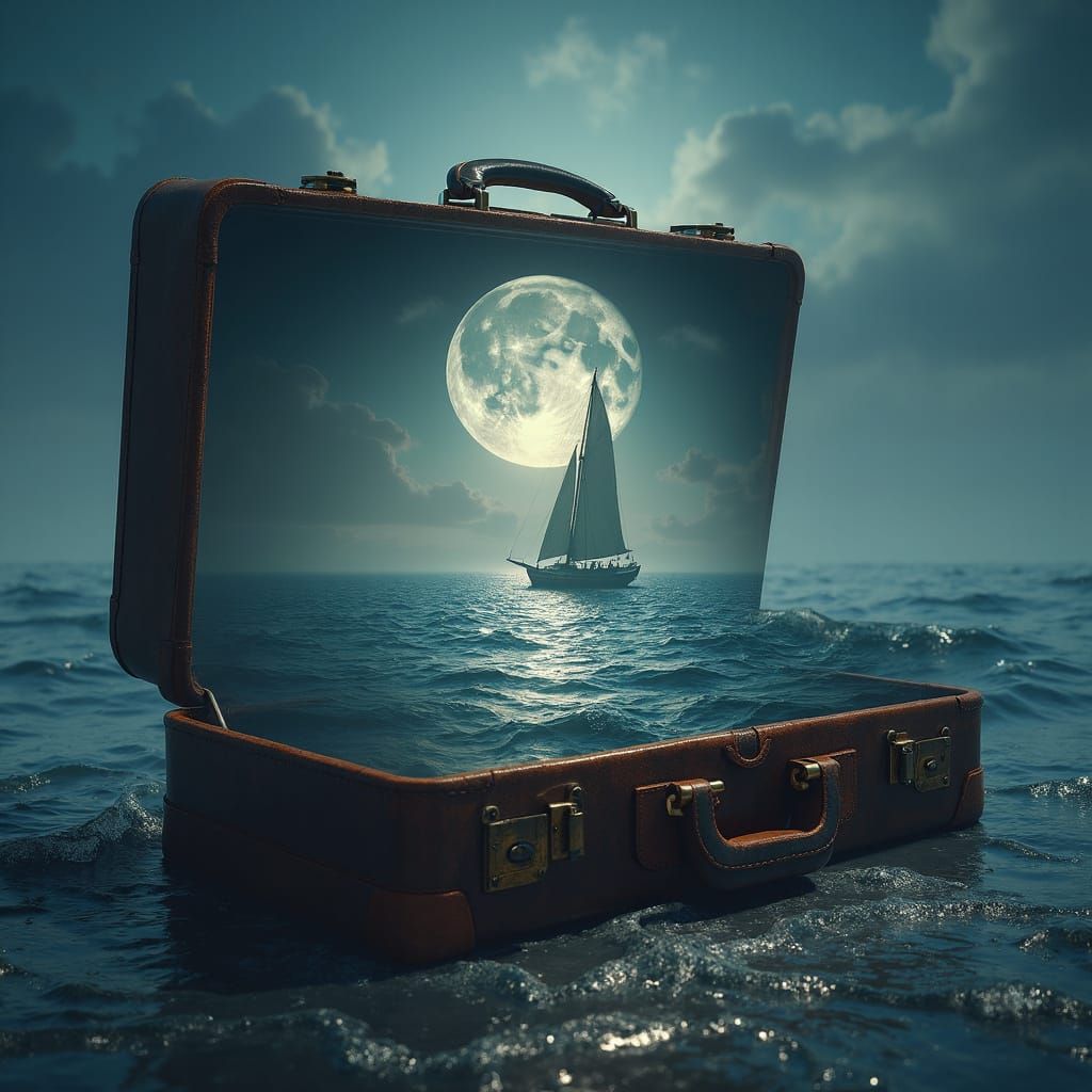 Surreal Double Exposure of a Vintage Suitcase Reveal a Seren...