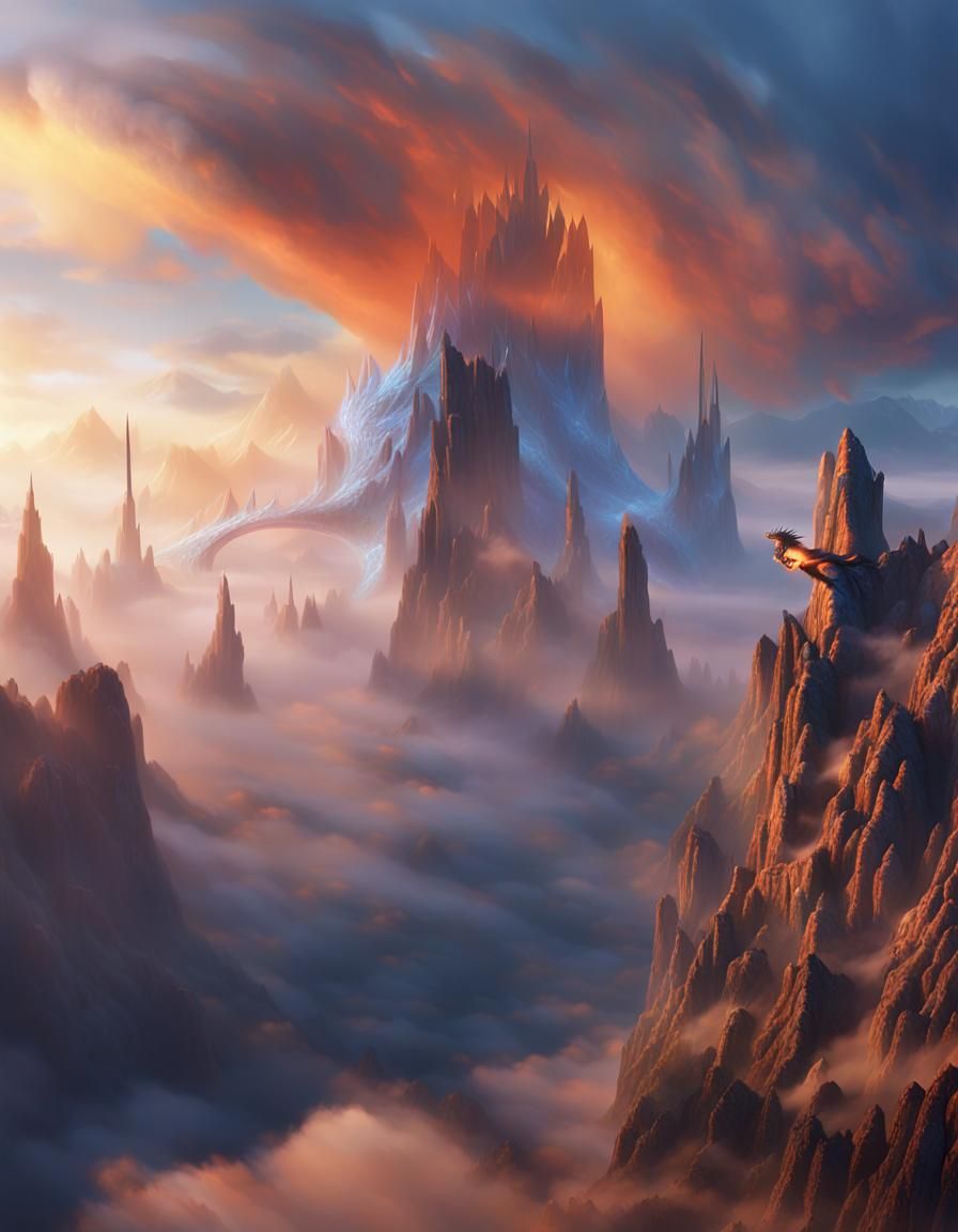 Dramatic Dragon Soars Over Misty Mountains in Art Nouveau-In...