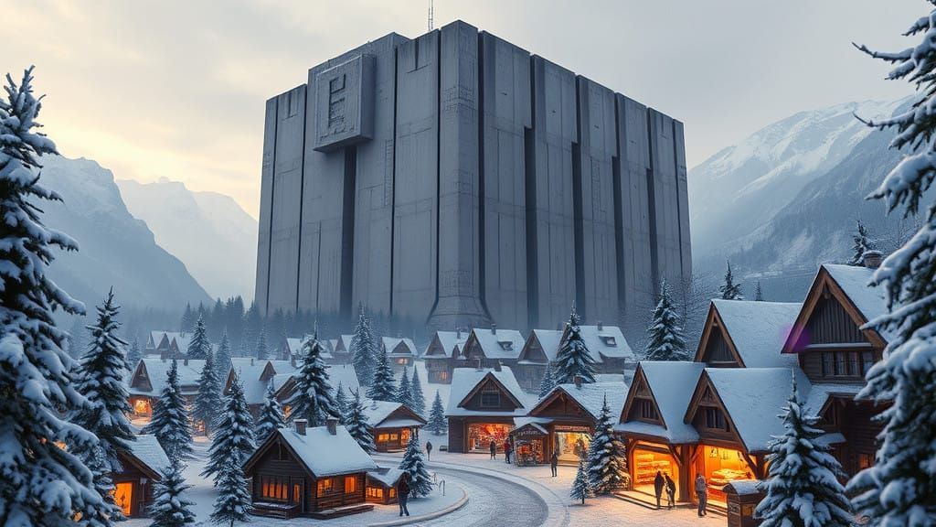 Gritty Brutalist Monolith Confronts Idyllic Christmas Villag...