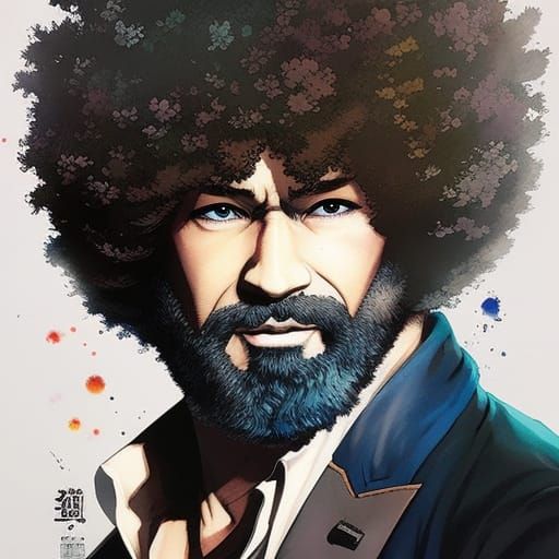 Anime Bob Ross Portrait in Ink Painting Style