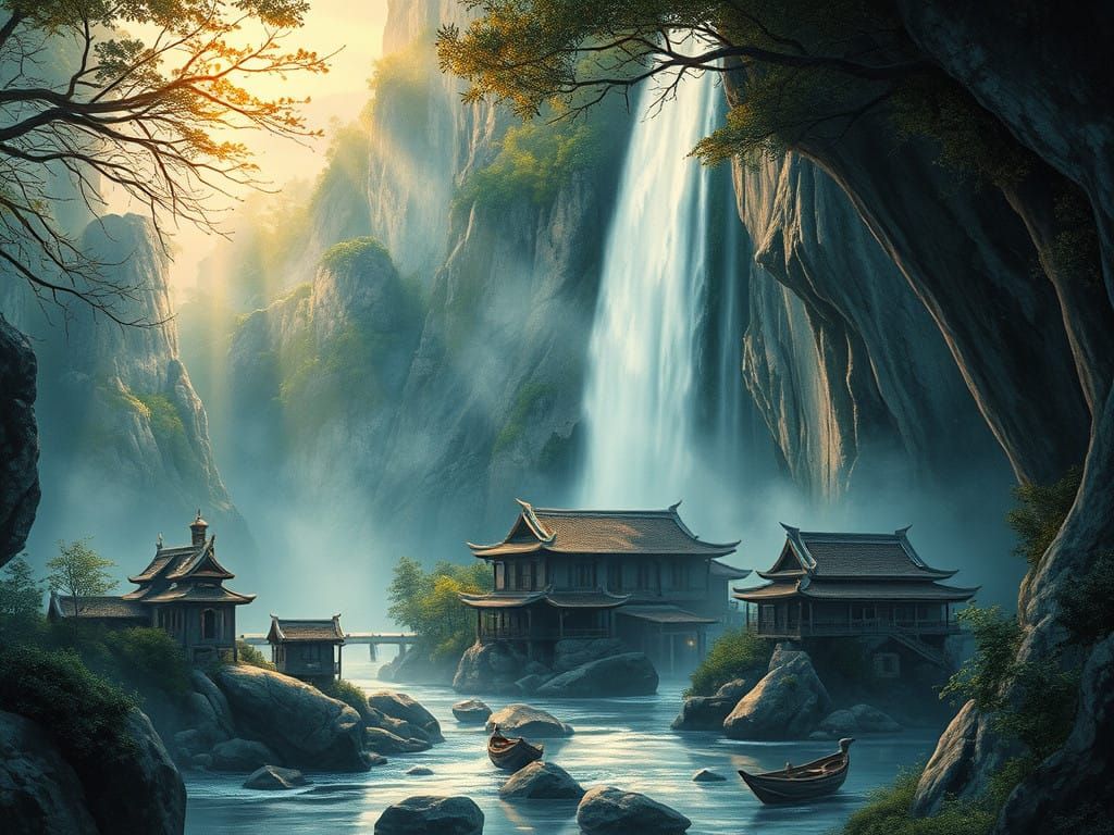 Fantastical Village Under Churning Waterfall in Dreamy Water...