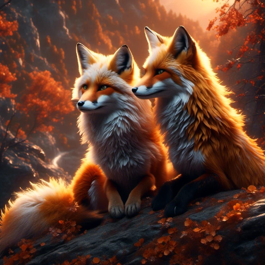 Golden and Silver Foxes on Mountain at Sunset
