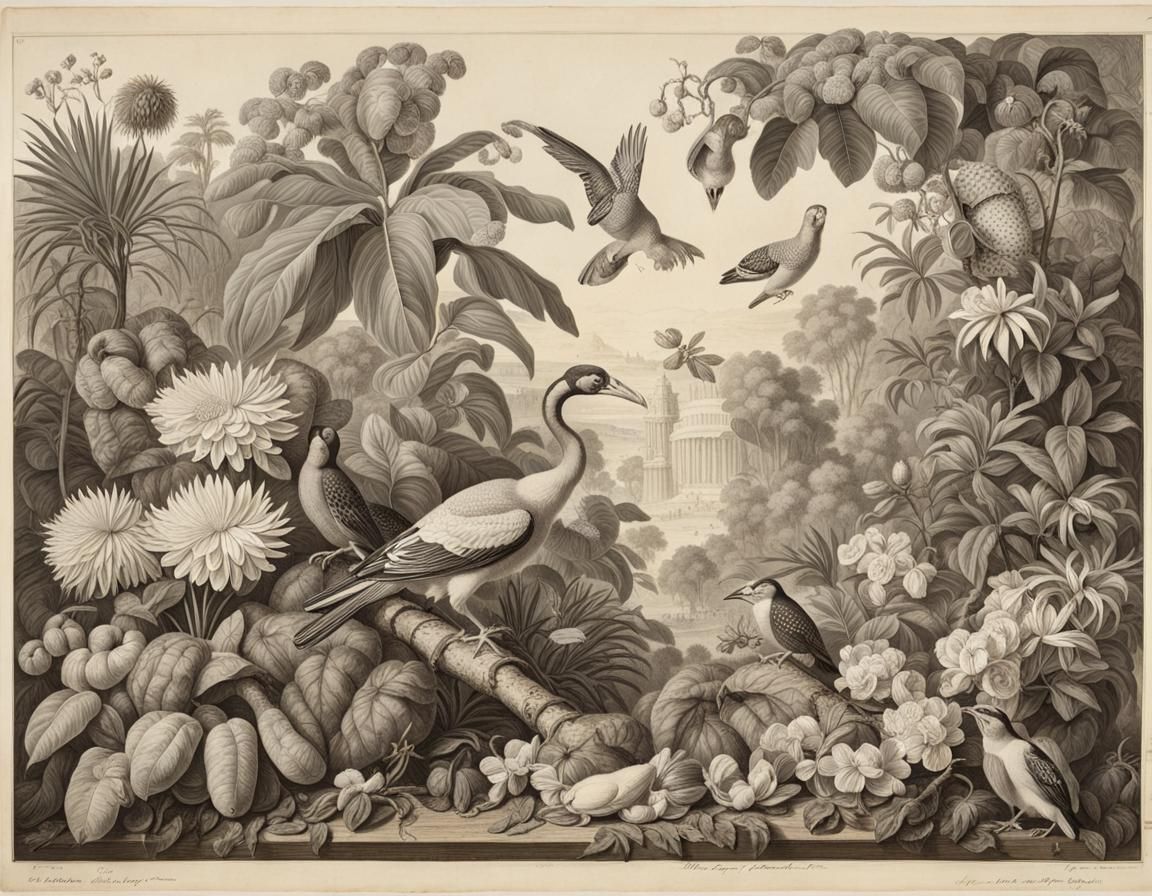 Exotic Jungle Paradise Drawing in Sepia Tones