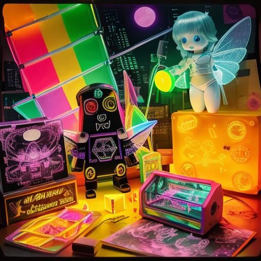 Surreal Rayograph with Rainbow Fairy and Neon Cityscape