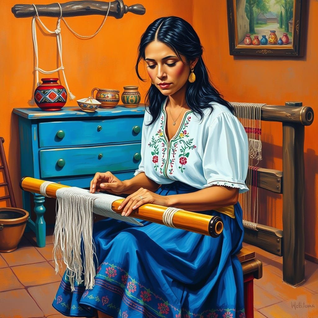 Traditional Mexican Woman at the Loom in Earthy, Folk Art St...